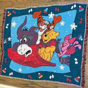 Vintage Disney Pooh Tigger Piglet Eeyore Woven Tapestry Throw Blanket Made USA
